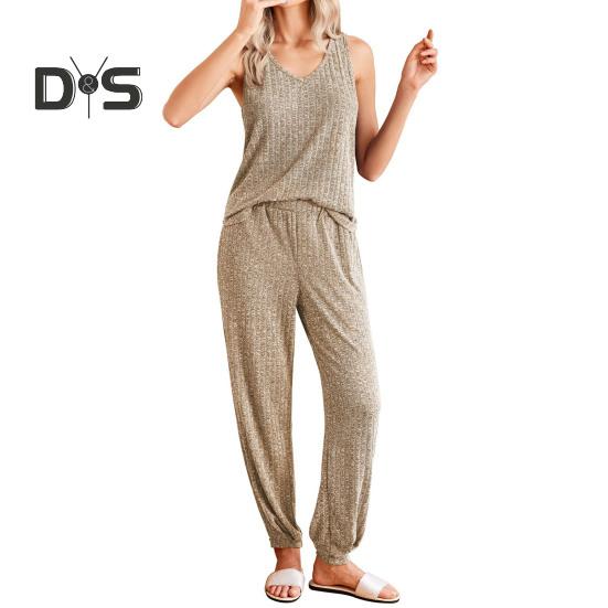 Zweiteiliges Pyjama-Set für Damen, Waffelstrick, Baumwolle, Loungewear, ärmelloses Tanktop, lange Hosen, Outfits, lässige Sommer-Homewear