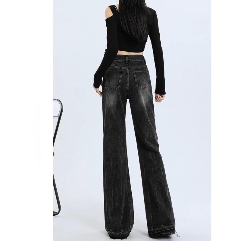 Women's 2024 Spring/Autumn Plus Size Gray Flared Jeans - Raw Edge, Micro Flare, Floor-Length