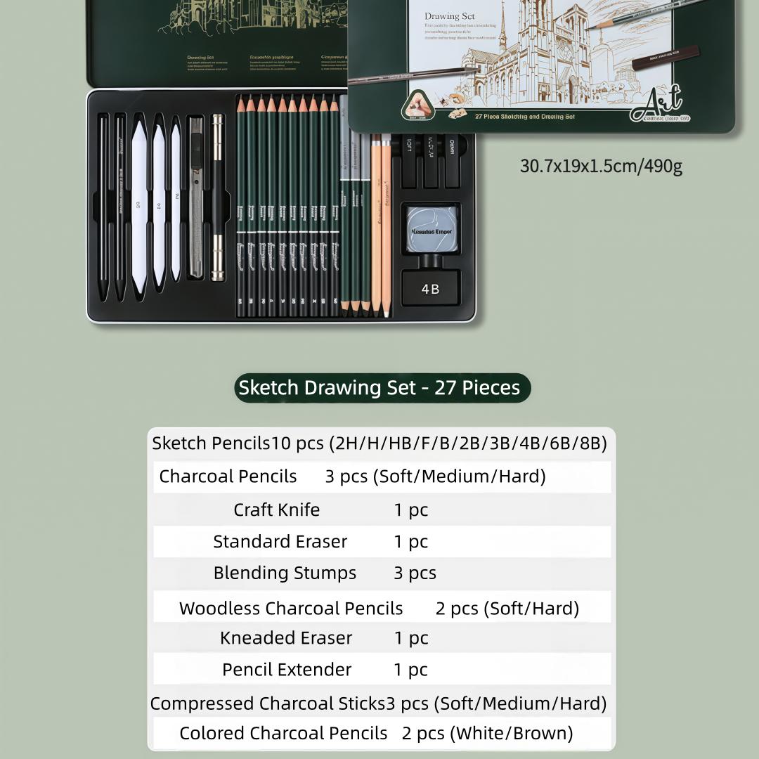 Beginner Kunstenaar Schets Potlood Set 27 Delen Inclusief Houtskoolpotlood, Gum, Stanleymes, Complete Tekengereedschappen Cadeaubox Set