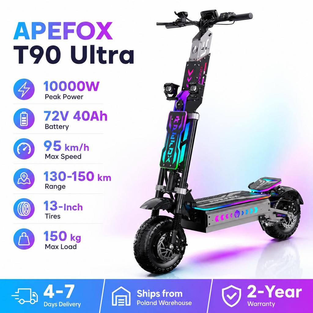 APEFOX T90 Ultra Pneus Off-Road de 13 Polegadas Patinete Elétrico 10000W Motores Duplos 72V40Ah, Freios a Disco Hidráulicos Autonomia 130-150KM Carga Máxima 150kg