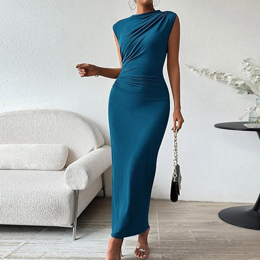 Women's Casual Sexy Solid Color Sleeveless Back Slit Pleated Tight Fitting Dress