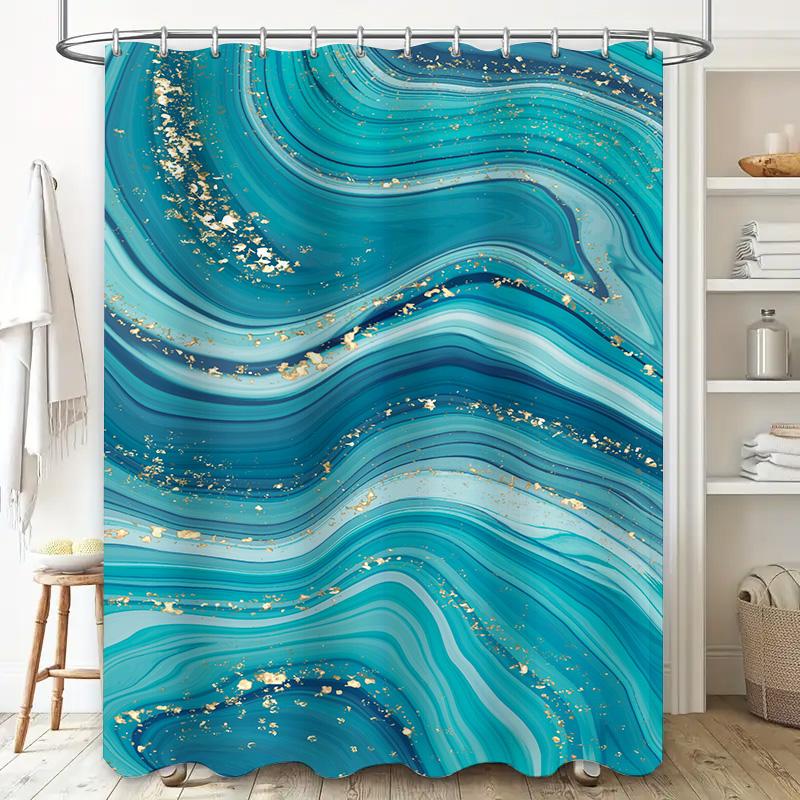 Blue Marble Shower Curtain Modern Luxurious Bathroom Decor For Kids Bathrooms Waterproof Fabric With Golden Accents (59 X 70 Inc