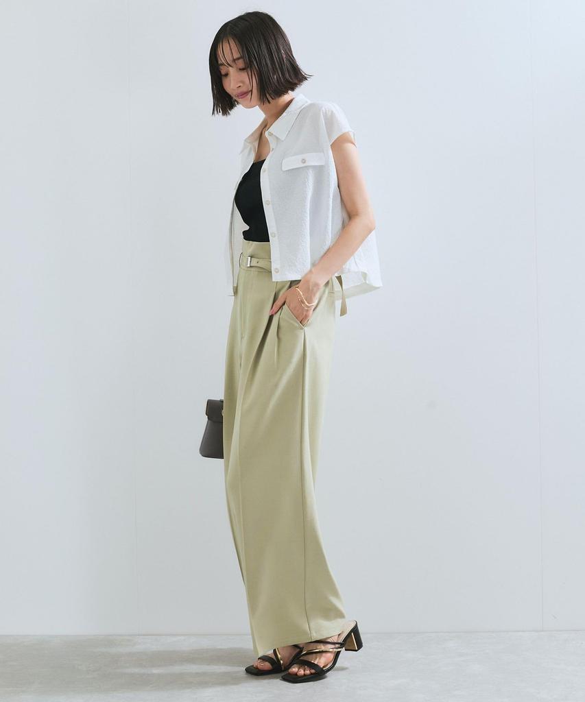 New Color Added to the Belt Detail Tuck Wide Slacks Pants Light Green S [BIS] [Wrinkle-Resistant/Cool Touch] (33)