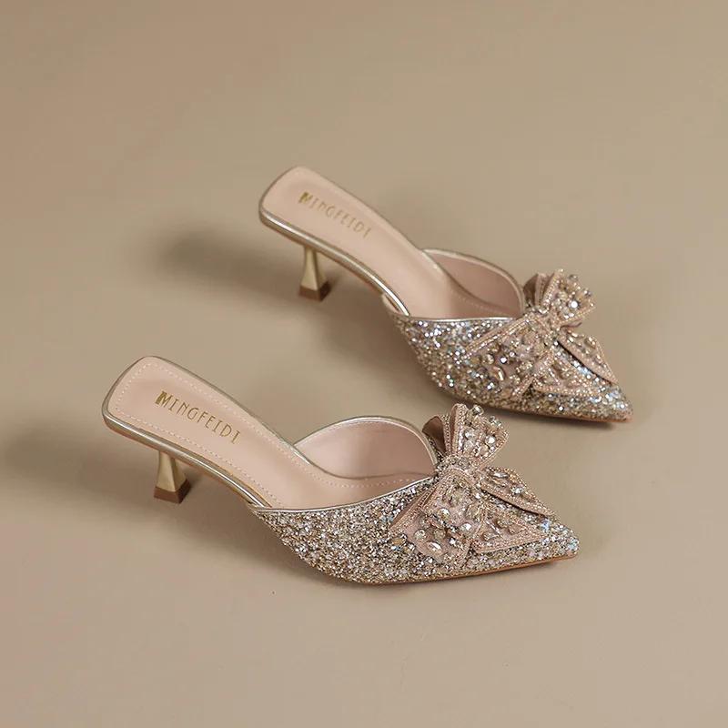 Fashion Shoes 5cm Thin Heels Womens Slippers Outdoor Pointed Toe Low Butterfly-Knot Pantofle Heeled Mules Slides Jelly Flip Flops
