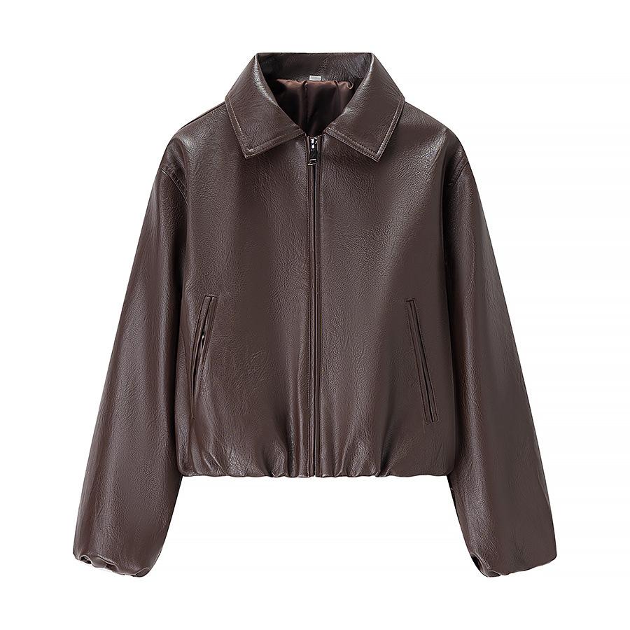 European and American style, new women's clothing, fashionable, casual, versatile lapel long-sleeved leather jacket