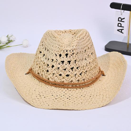 Sonnenhut Natürliche Raffia Handgewebt Leicht Atmungsaktiv Breiter Rand Strohhut Hohl Design Seil Dekoration Westlicher Cowboyhut