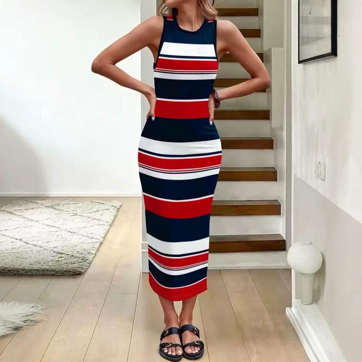 New striped women s summer fashion sleeveless crew neck vest skirt, foreign style age-reducing holiday style long skirt for women S