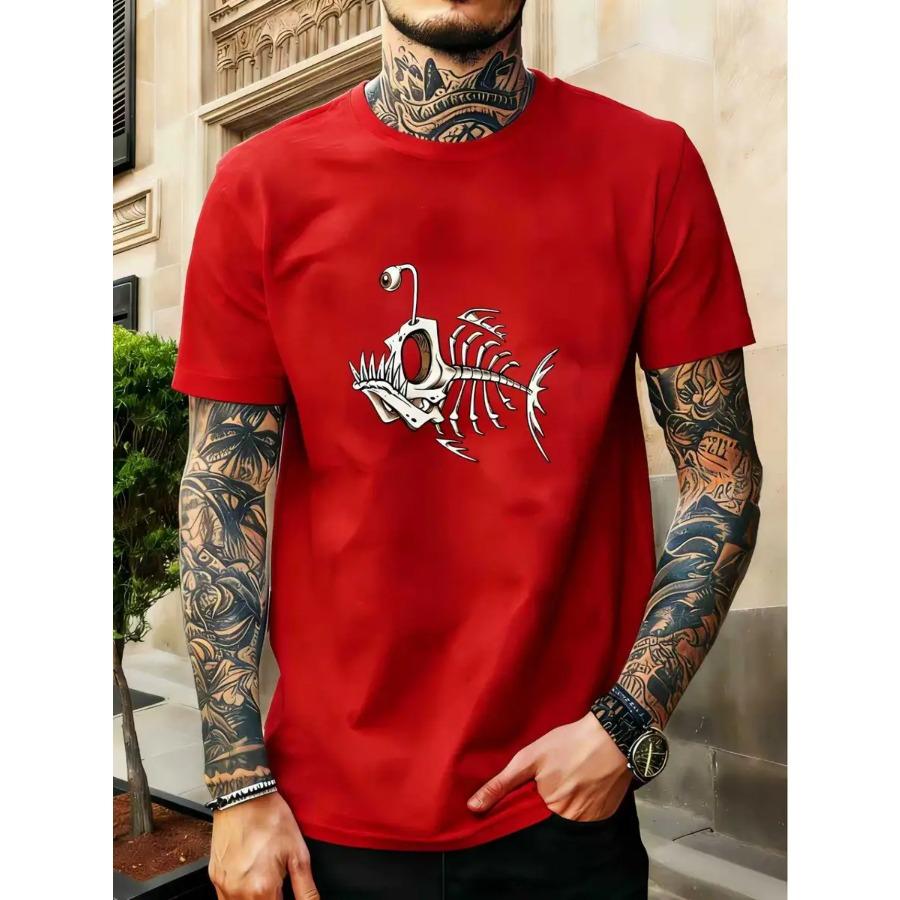 Summer 2D Printed Trendy Minimalist Men's T-Shirt with Monkfish Bone Print Casual Versatile Pullover 100% Cotton T Shirts