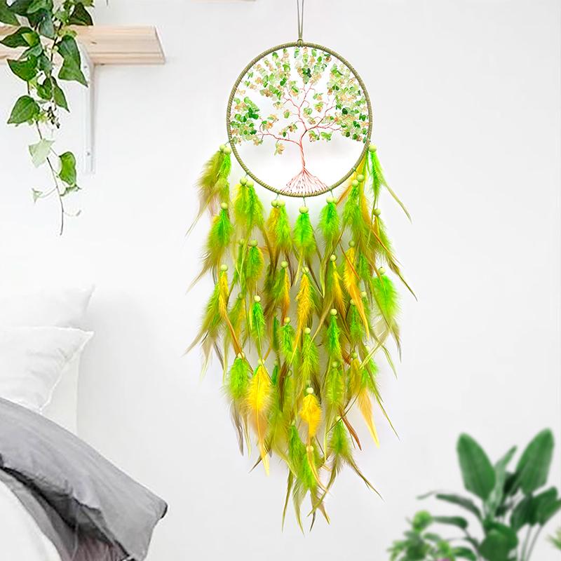Nordic Dream Catcher Handmade Green Feathers Wind Chimes Living Room Bedroom Hanging Ornaments Wall Decor Birthday Festival Gift