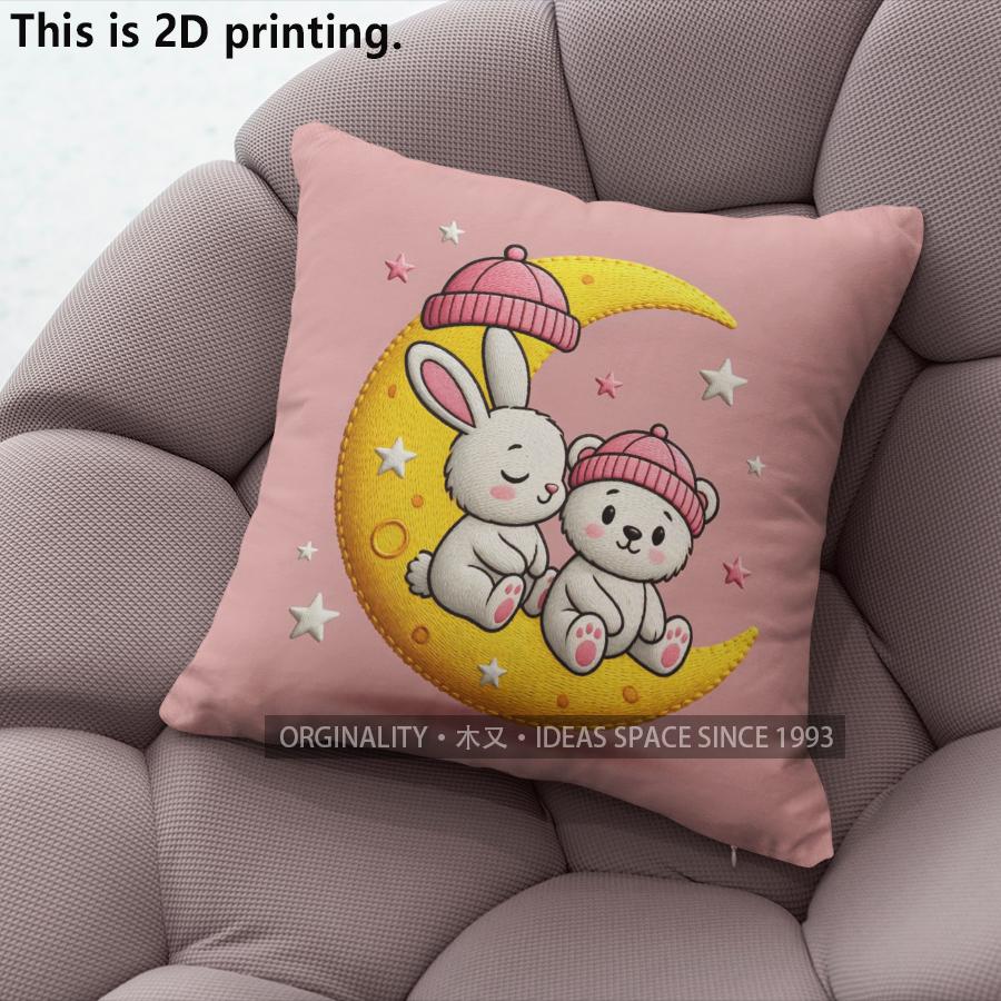 Cute Moon Rabbit Bear Print Throw Pillow Covers Pattern Cushion Cover Suitable For Sofa Bedroom Car Pillow Cover