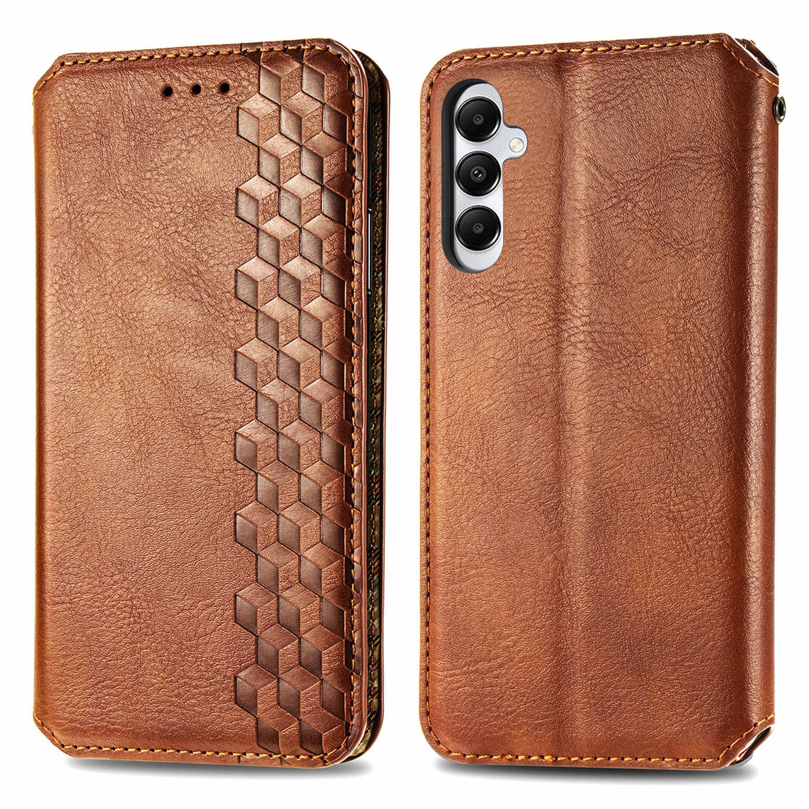 

For Samsung Galaxy A05s 4G PU Leather Case Rhombus Imprint Wallet Stand Phone Cover Brown