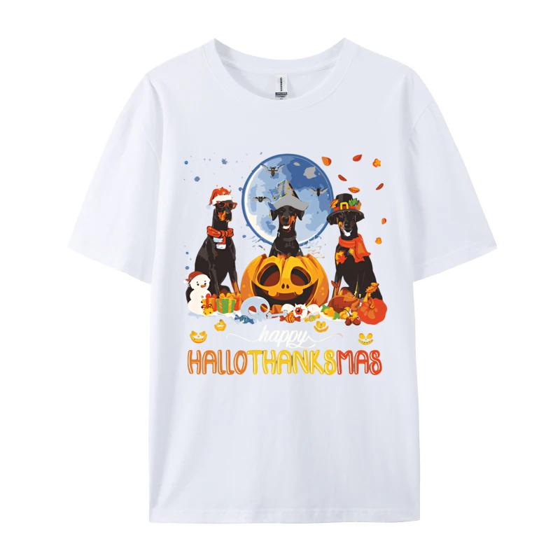 Happy Hallo Thanksmas DoberUnisex Pumpkin Tshirt Funny Male Cotton T Shirt Party ops TShirt Fashionable Unisexs S