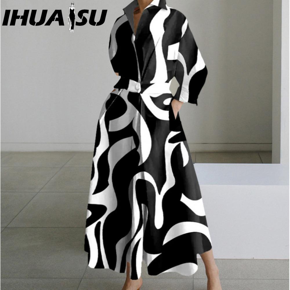 IHUASU Modă Femei Primăvară Toamnă Mânecă Lungă Guler POLO Rochii Casual