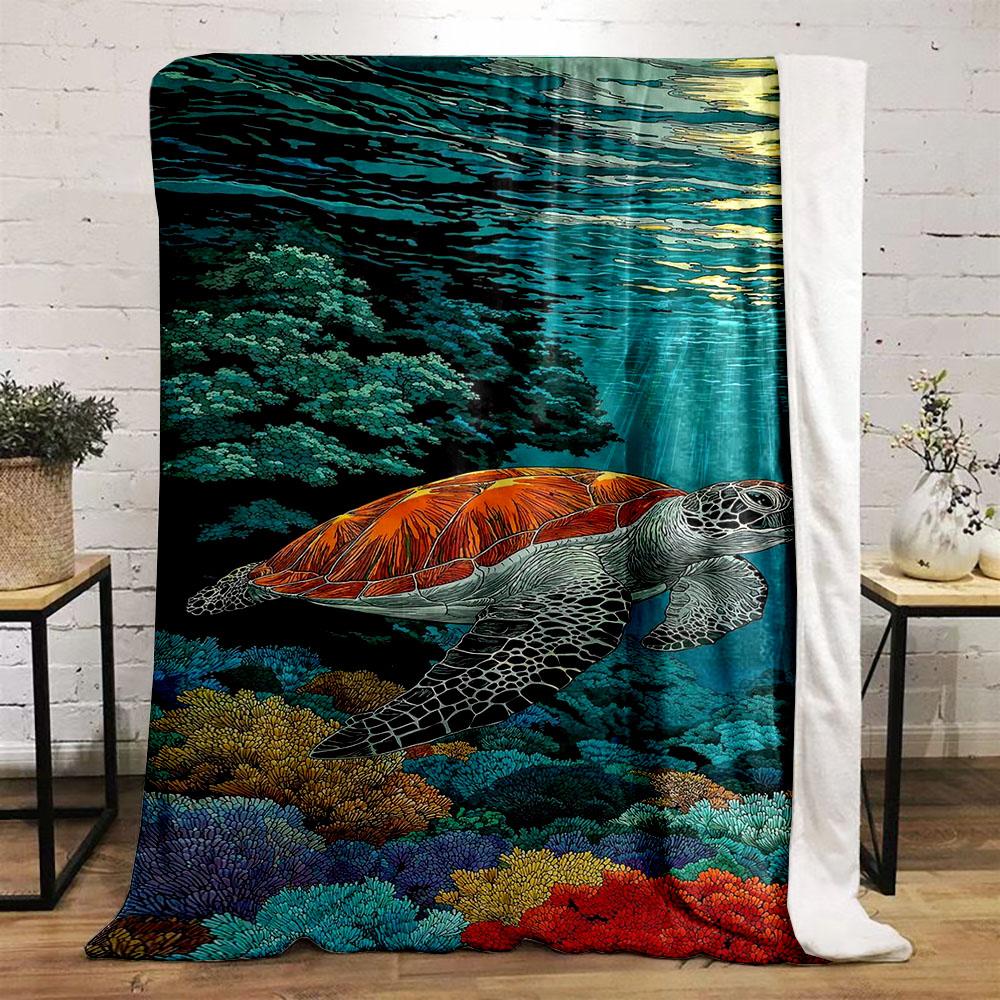 "Colorful Sea Turtle Underwater Scene" Patterned flannel blanket perfect for the bedroom living room, sofa, or a little nap