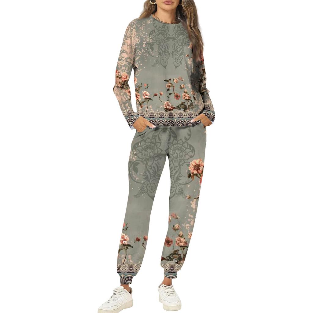Sets für Damen 2-teilig Rundhals Langarmshirts Bedruckte Jogginghosen Taschensets