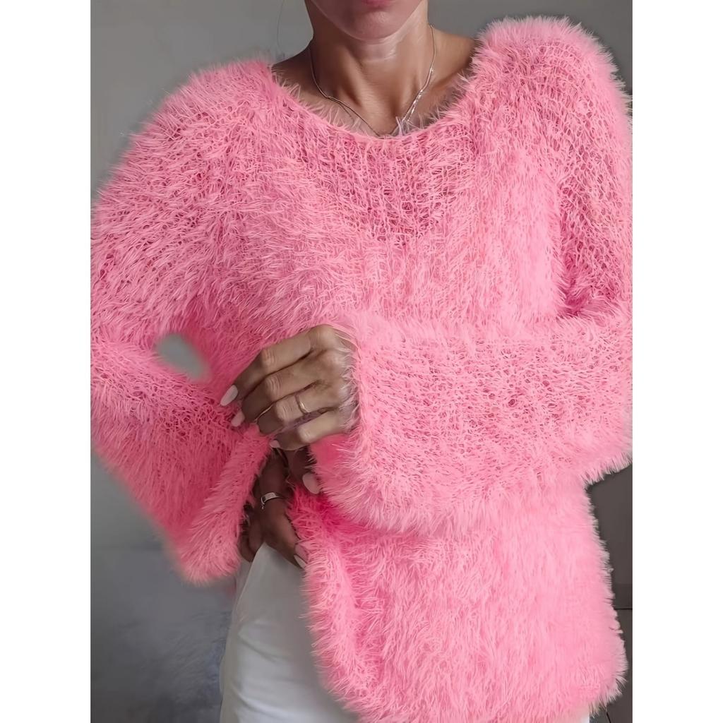 European and American women's clothing macaron round neck fluffy design sense solid color long-sleeved fluffy top