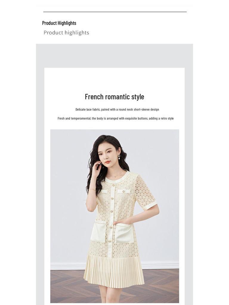 French Quiet Luxury Water-Soluble Lace-Chiffon Pleated Summer Dress