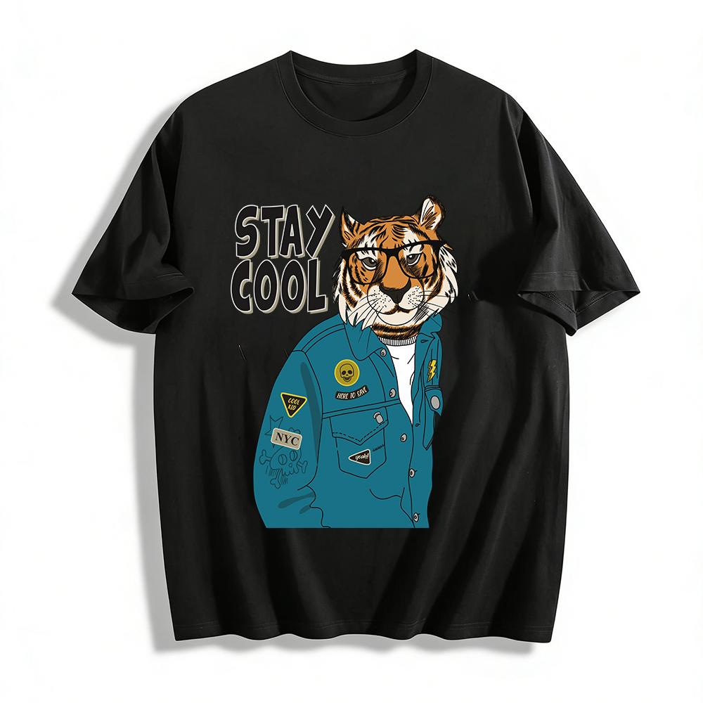 Stay Cool Anthropomorphic Tiger Print Casual Top Pure cotton T-shirt XXS