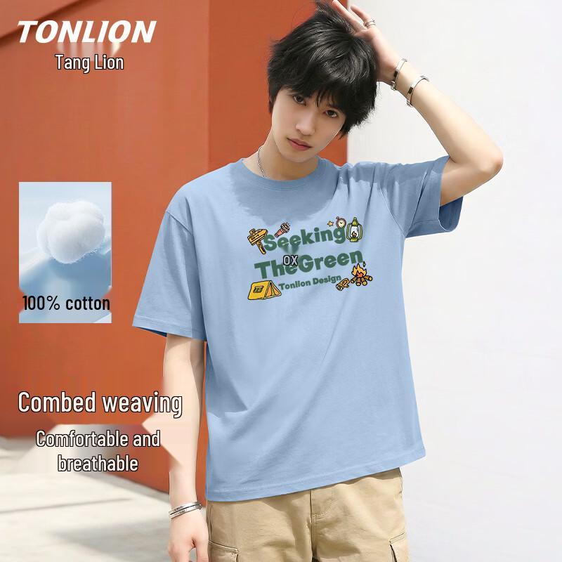 Мужская повседневная футболка TonLion с коротким рукавом, плотный 100% хлопок M