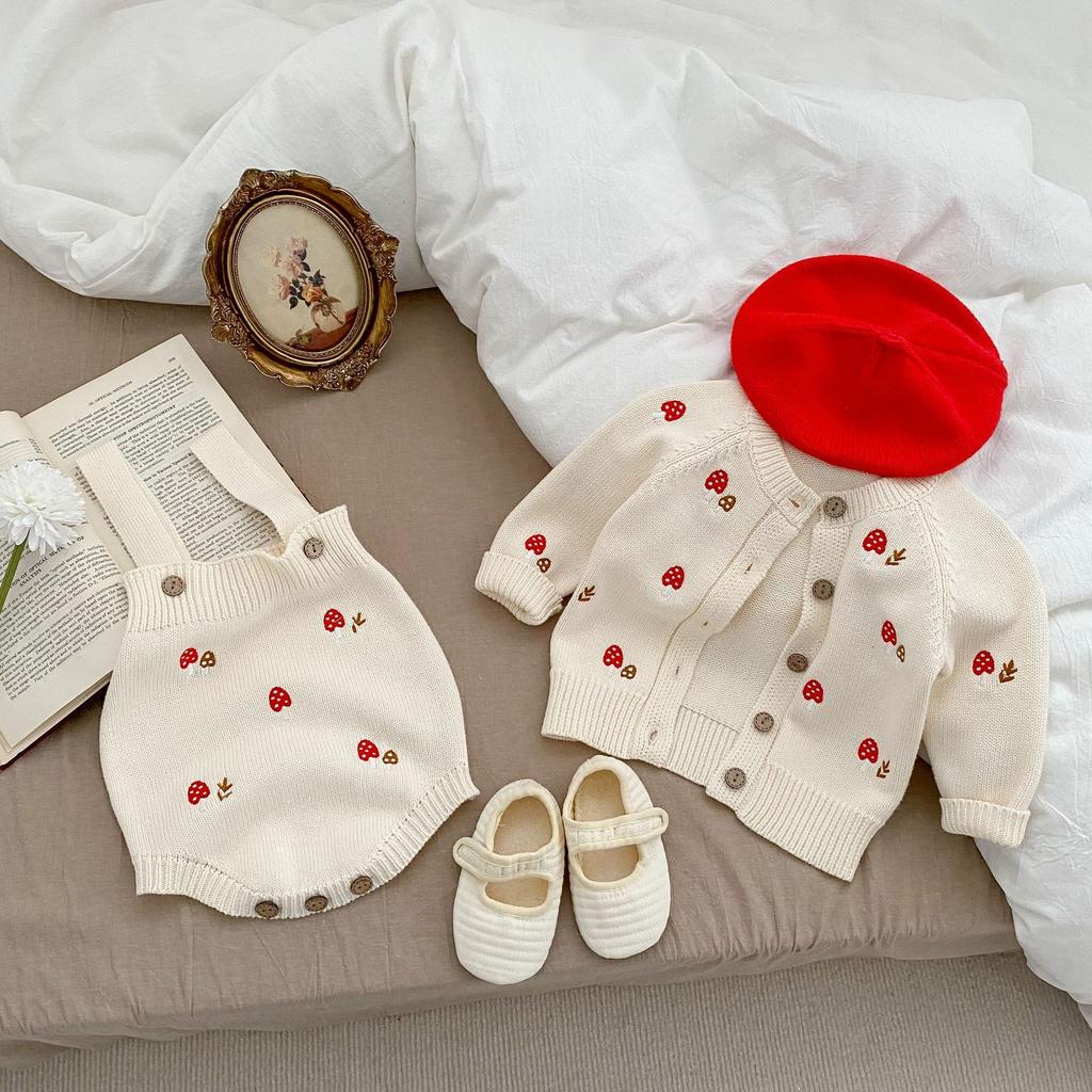 Adorable Baby Girl Mushroom Embroidered Cardigan and Sleeveless Romper Set for Spring Autumn