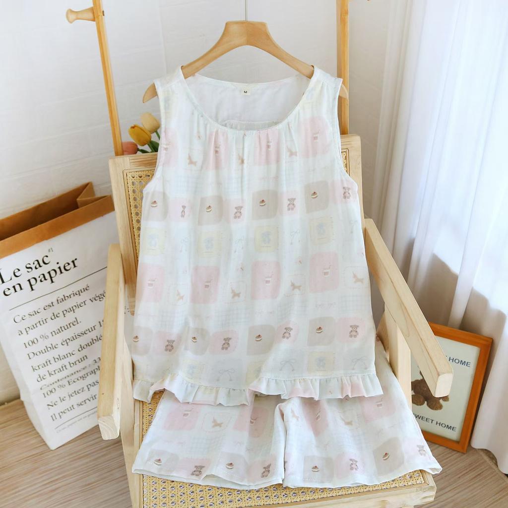 Pure Cotton Double-layer Yarn Pajamas Women's Summer Thin Vest Shorts Sweet Girl Style Can Be Worn Outside Loungewear Two-piece Set