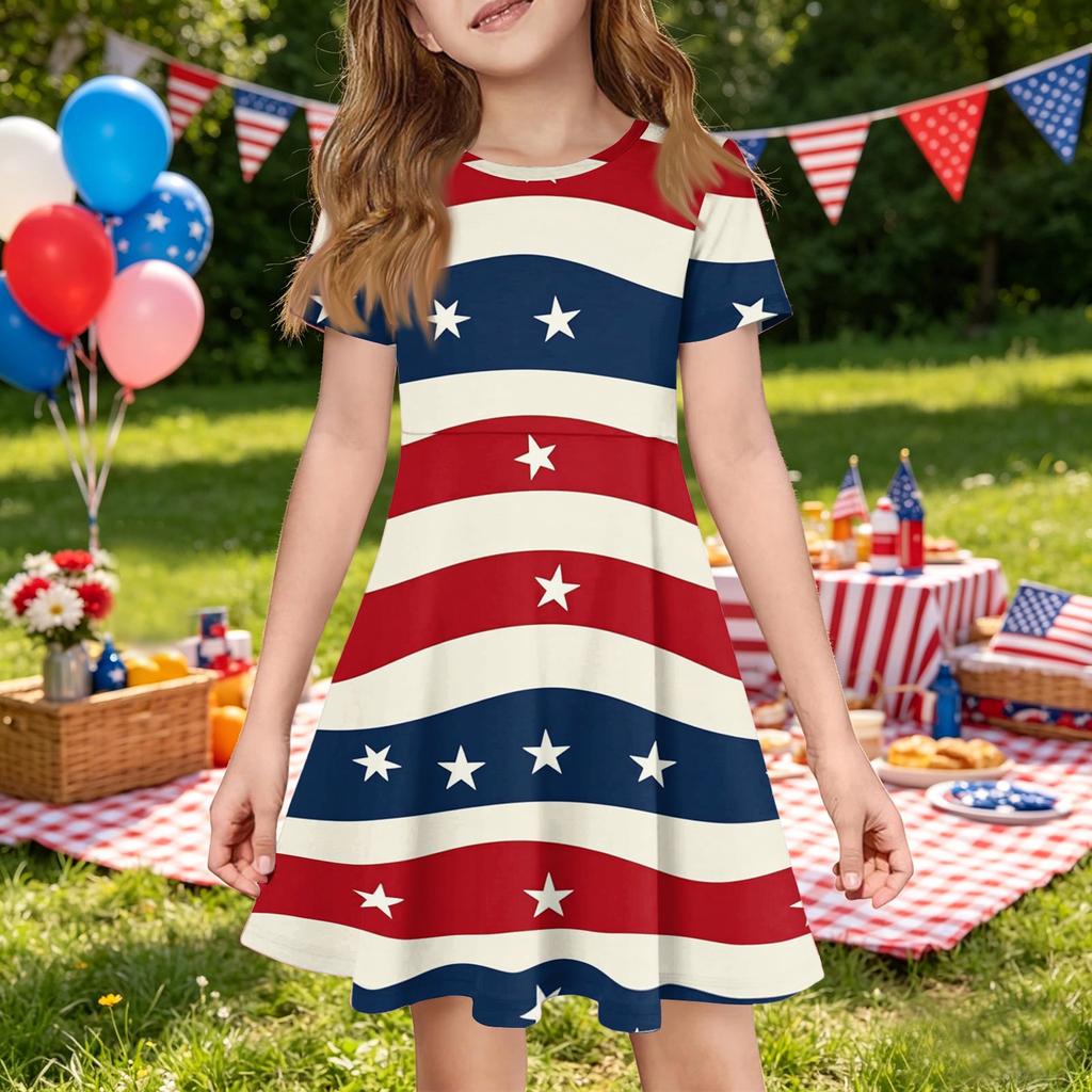 Girls Short Sleeve Dress with Pocket Independence Day Star Print Casual A-Line Dress for Summer Comfortable Fit