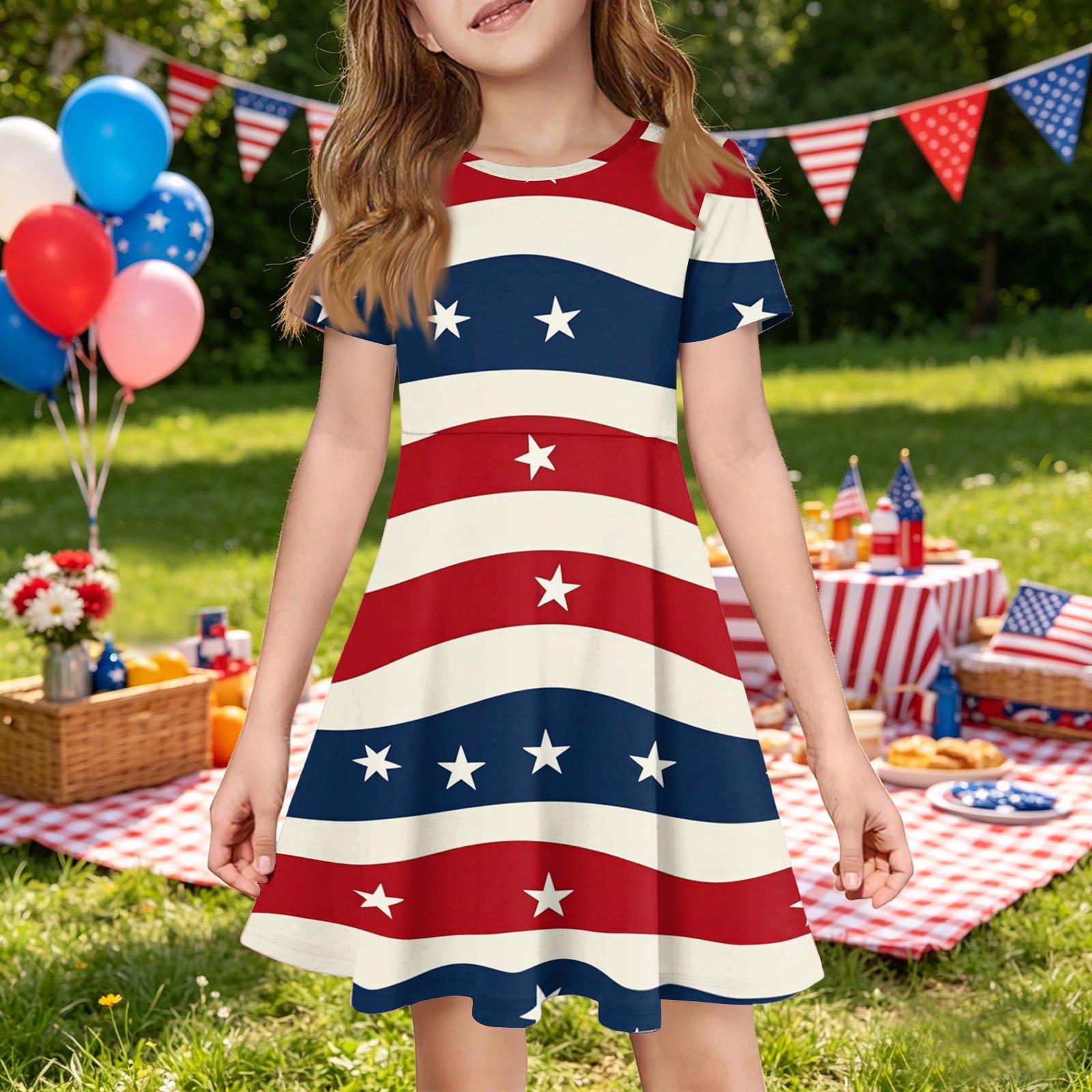 

Girls Short Sleeve Dress with Pocket Independence Day Star Print Casual A-Line Dress for Summer Comfortable Fit 120 бежевый