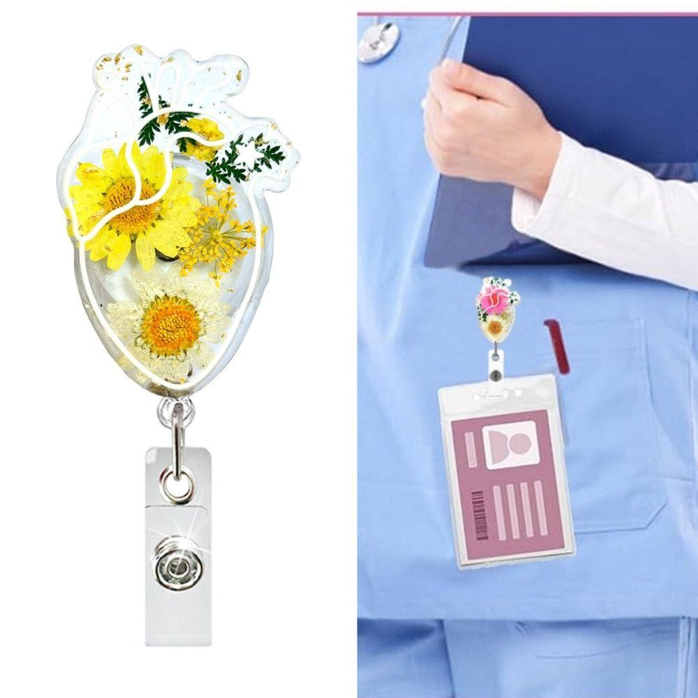 High Resilience Heart Badge Clip Fall-proof Nurse Badge Holder Daisies Pattern Badge Clip  Name Tag