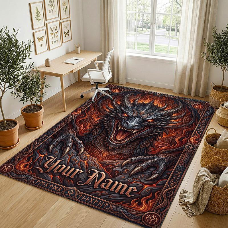 Dragon Phoenix Theme Crystal Velvet Rug Personalized Custom Name Text Soft Floor Mat Home Decor