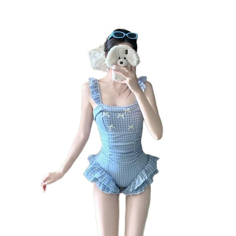 Sweet Feminine Ruffled Waist-Cinching One-Piece Swimsuit Women Blue Plaid Quick-Dry High-Elastic Plus Size M/L/XL