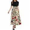 Women's Fashion Casual Belt Short Sleeve Round Neck Floral Stitching Elegant Temperament Dress