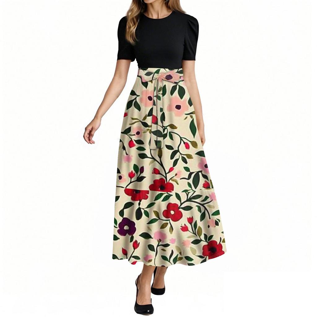 Women's Fashion Casual Belt Short Sleeve Round Neck Floral Stitching Elegant Temperament Dress