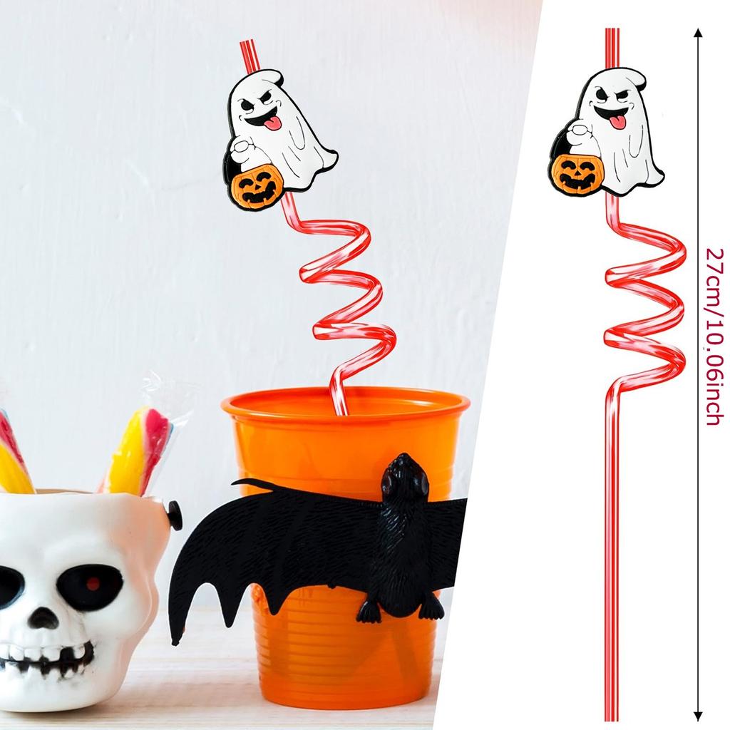 8pcs 27cm Plastic Halloween Straw Reusable Miner Plastic Spiral Drinking Straws Kids Birthday Party Decorations Juice Straws
