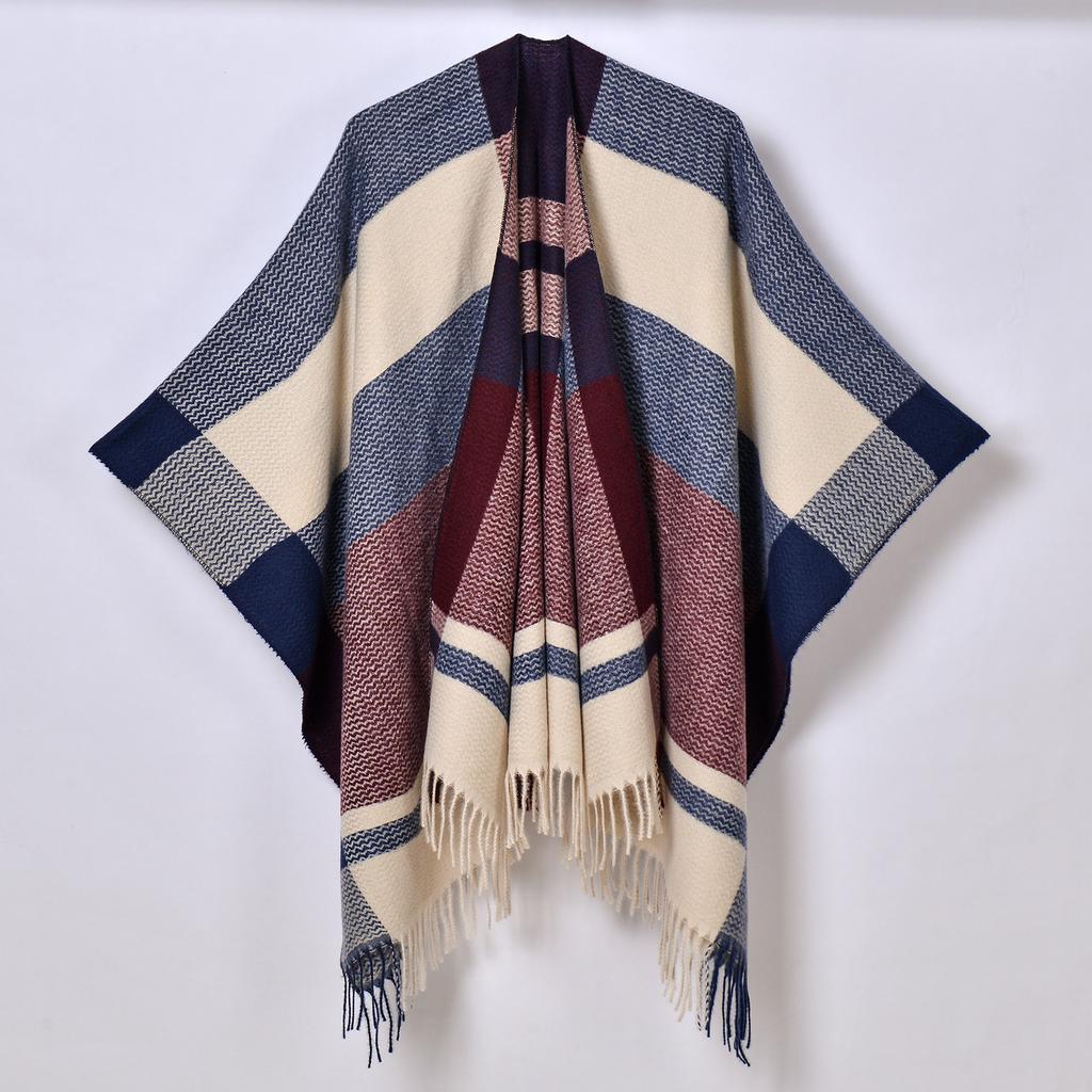 Foreign Trade, New Tassel Split Shawl Autumn and Winter Women's Simple Plaid Jacquard Scarf Cape