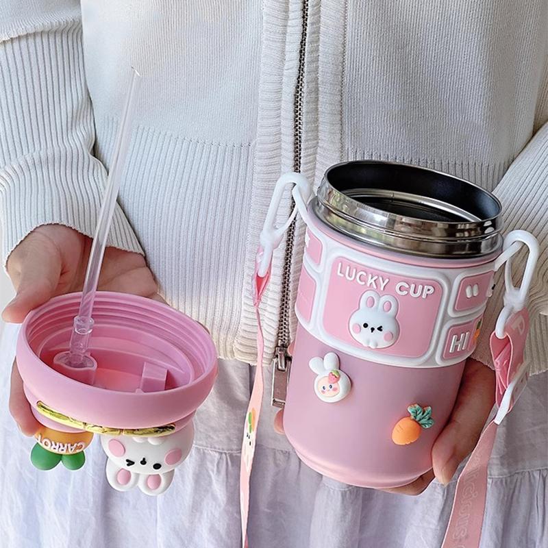 Cute Rabbit Bear Thermos Double Drinking Straw Tumbler Water Bottles For Boys and Girls Portable Children's Drinking Water Cup