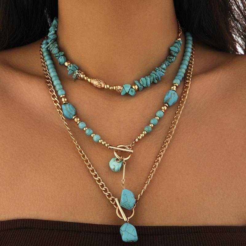 Retro Beaded Geometry Turquoise Necklace Adjustable Length Neckchain Women's Fashion Accessories for Casual Occasions