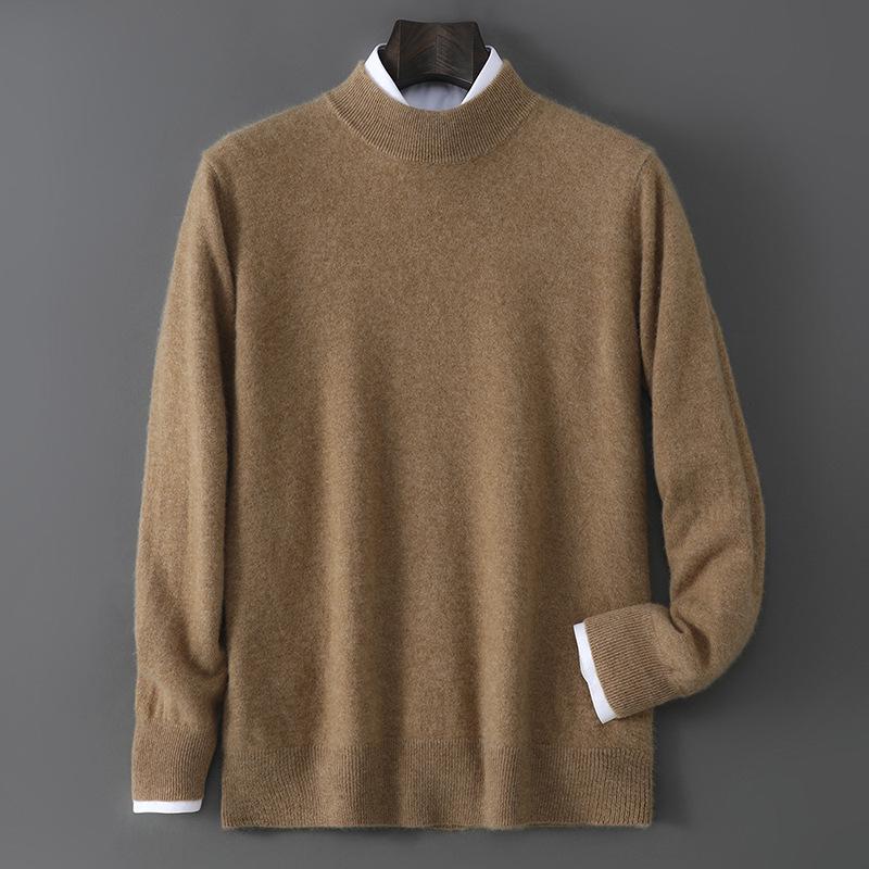 Men's 100% Pure Wool Half-High Neck Sweater - Solid Color, Business Casual Knit Base Layer Top