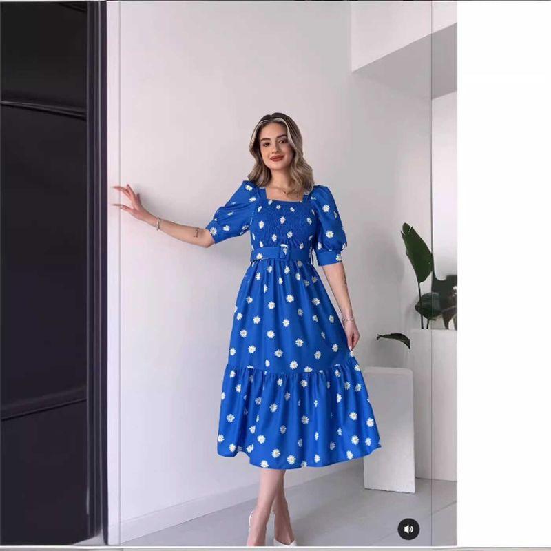 

Square Necked Elegant Dress Fashion Cherry Print Temperament Women s Waist U Collar Dress Blue Print XL
