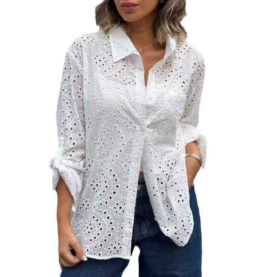 Spring/Autumn Season Pure Color Shirt Collar Loose Embroidery Hollow Large Size Women's Shirt Top