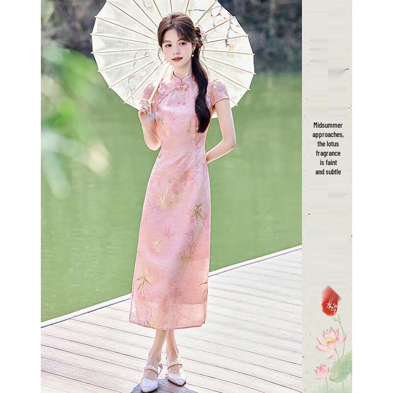 Elegant New Chinese Style Hot Stamping Print Short Sleeve Dress M