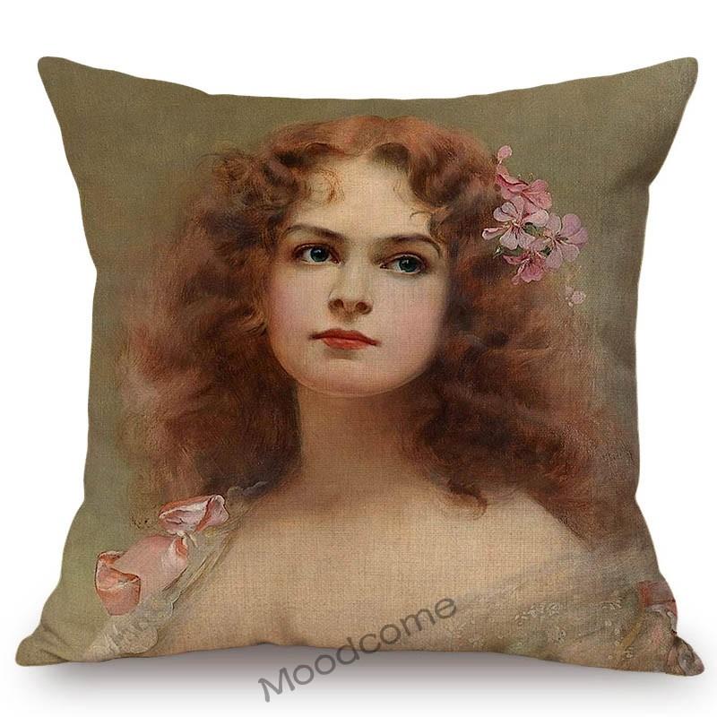 European Royal Court Victorian Era Lady Hat With Flower Elegant Sofa Throw Pillow Cover Classic Vintage Linen Decor Cushion Case