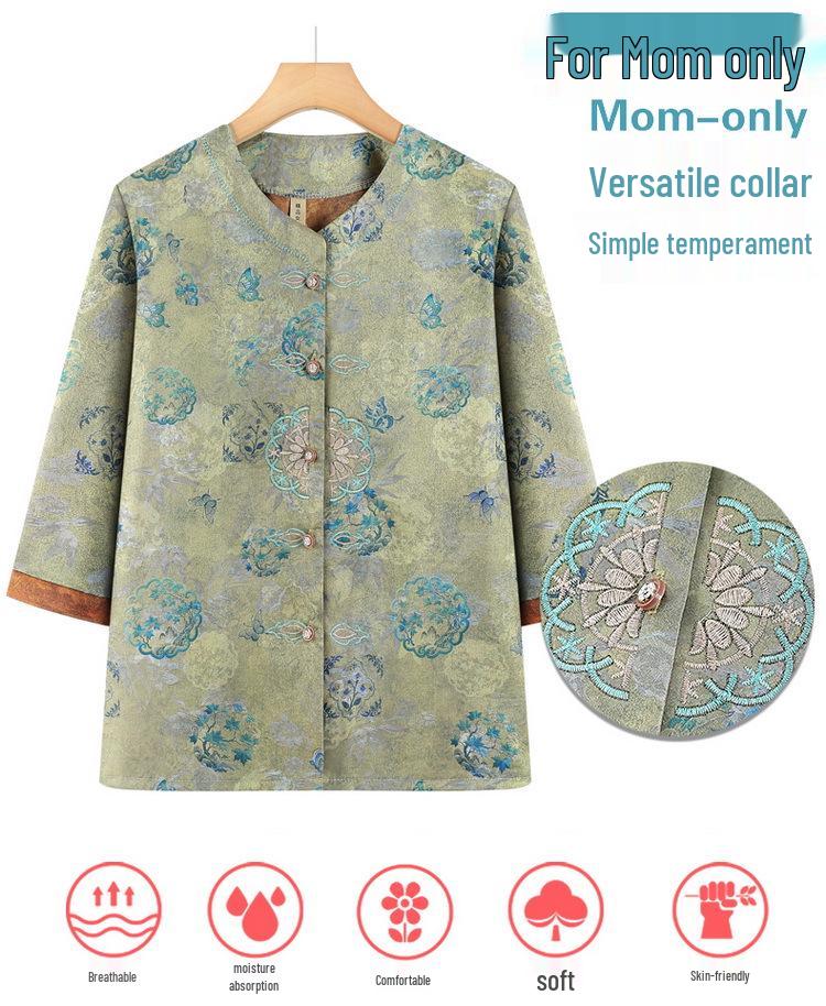 Stylish Chinese-Inspired Summer Top for Elderly Women – Loose Fit, Three-Quarter Sleeves