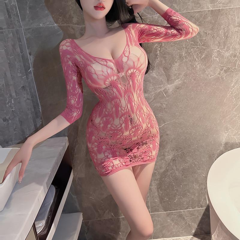 Sexy perspective plus size short skirt with hollow out sleeves  jacquard pattern pure desire wind beach temptation net clothes