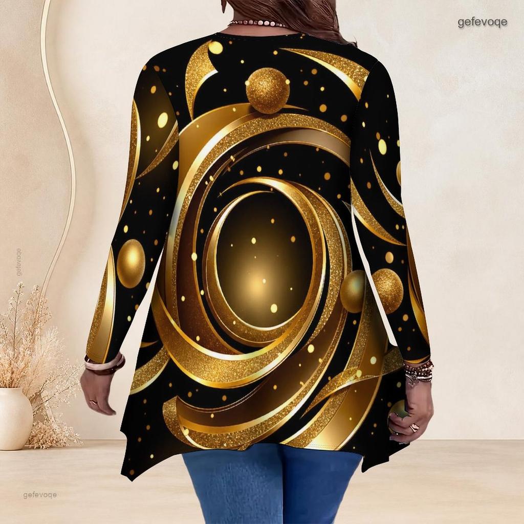 Women Plus Size V Neck Long Sleeve Irregular Split Hem Tunic Top Black Golden Swirl Print