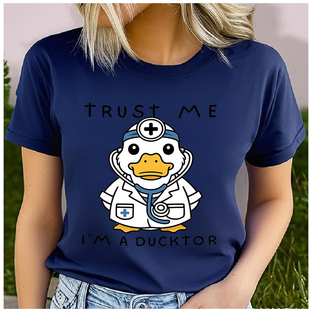 Unisex 100% Polyester Summer Top "Believe Me, I'm a Duck Doctor!" Print Loose round Neck Short Sleeve Fashion for Astrology Lovers