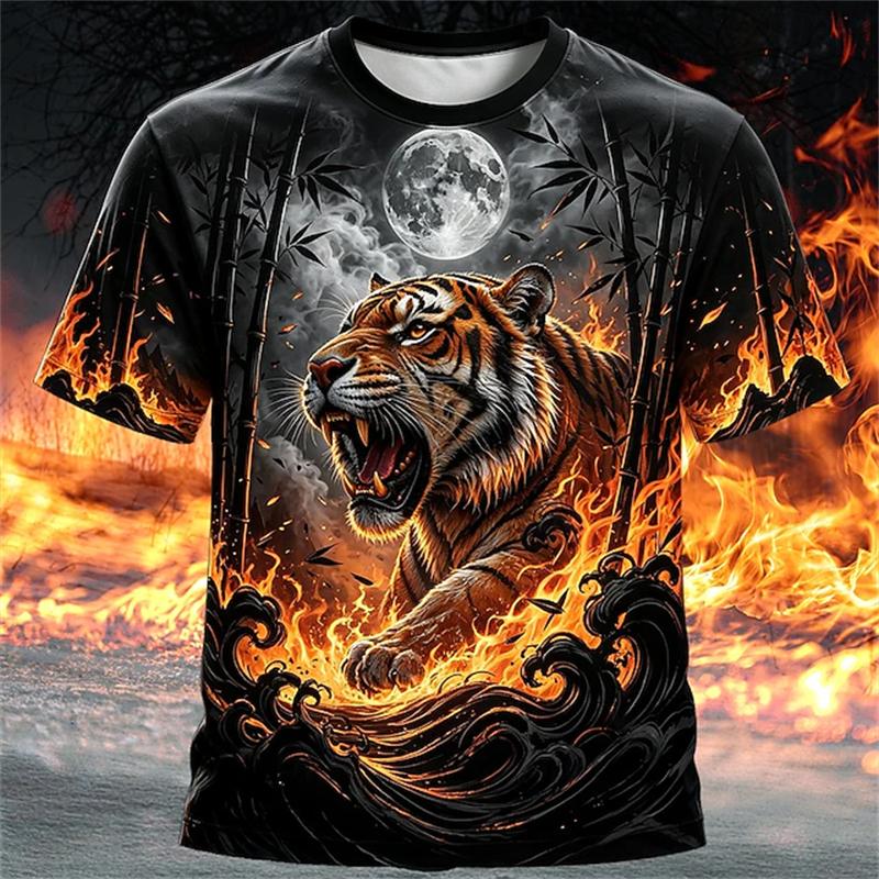 New Men's Summer Crew-Neck Short-Sleeve T-Shirt with Retro Tiger Print Breathable Casual and Loose-Fitting Mens Short-Sleeve Top