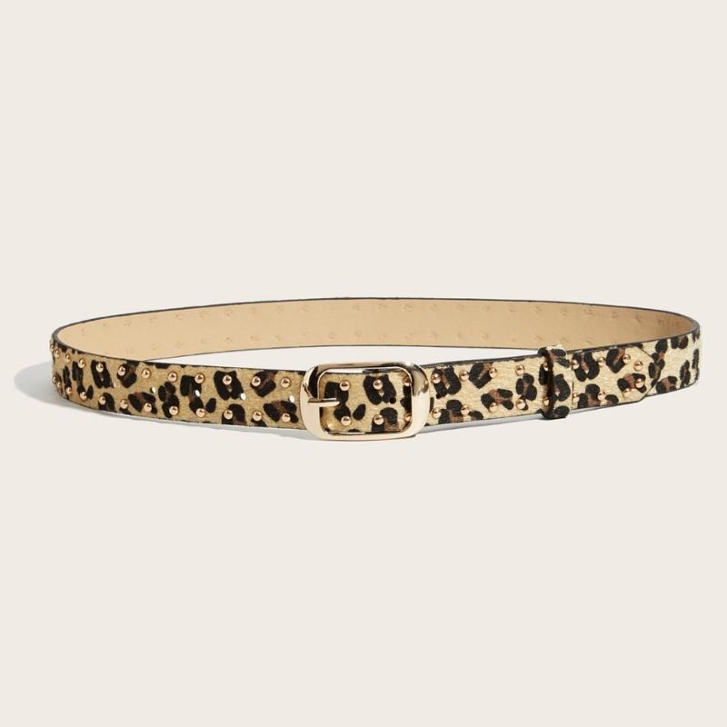 Leopard Print Waist Belt with Horsehair Patchworked Rivets Studded Design for Women Fashion Enthusiasts Music Festival