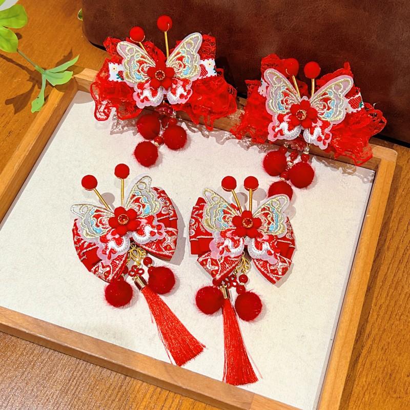 Hanfu Kopfschmuck Kinder Neujahr Haarnadel Niedlich Süß Chinesischer Stil Rote Haarspangen Quaste Antiker Stil Haarspange