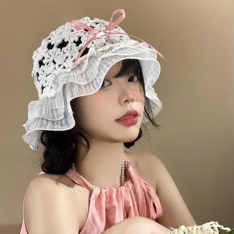 Knitted Hollow Bow Fisherman Hat Women Sun Protection Face Small Lace Basin Hat Japanese Big Head Hat Trendy