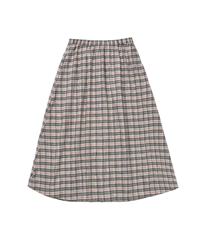 Cotton Bell Button Placket Flare Skirt - Ivory Check